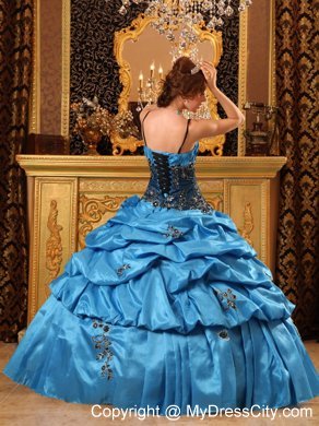 Taffeta Appliques Ball Gown Sweet 15 Dress in Blue with Straps