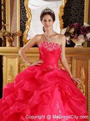 Sparkling Coral Red Embroidery Organza Quinceanera Dress