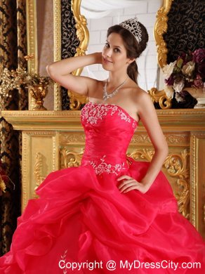 Sparkling Coral Red Embroidery Organza Quinceanera Dress