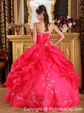 Sparkling Coral Red Embroidery Organza Quinceanera Dress