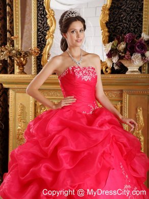 Sparkling Coral Red Embroidery Organza Quinceanera Dress