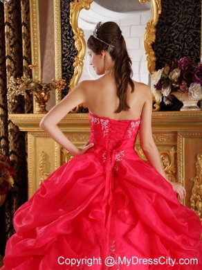 Sparkling Coral Red Embroidery Organza Quinceanera Dress