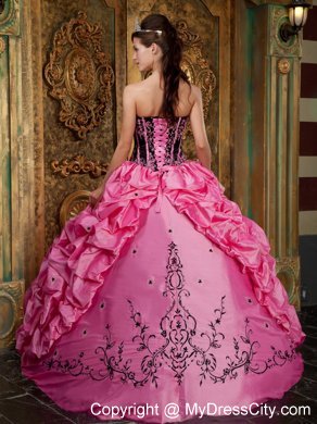 Rose Pink Strapless Embroidery Taffeta Dress for Sweet 15