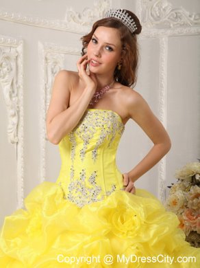 Yellow Ball Gown Strapless Organza Beading Quinceanera Dress