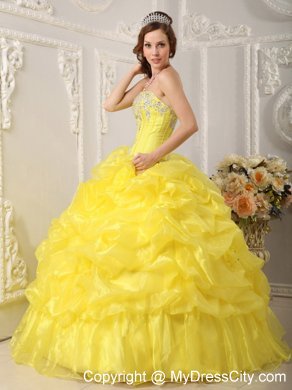 Yellow Ball Gown Strapless Organza Beading Quinceanera Dress