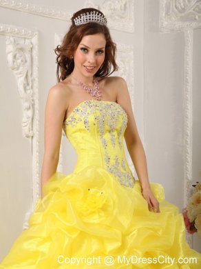 Yellow Ball Gown Strapless Organza Beading Quinceanera Dress