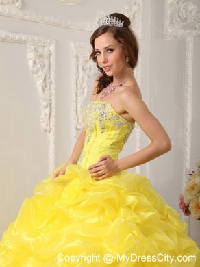 Yellow Ball Gown Strapless Organza Beading Quinceanera Dress