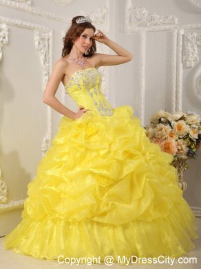 Yellow Ball Gown Strapless Organza Beading Quinceanera Dress