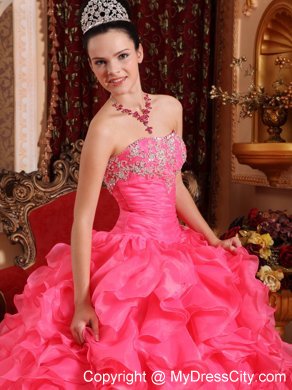 Hot Pink Ball Organza Sweet 15 Dresses with Beading and Appliques