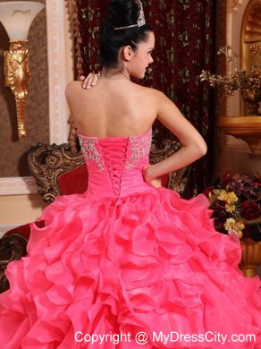 Hot Pink Ball Organza Sweet 15 Dresses with Beading and Appliques