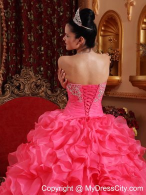 Hot Pink Ball Organza Sweet 15 Dresses with Beading and Appliques