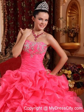 Hot Pink Ball Organza Sweet 15 Dresses with Beading and Appliques