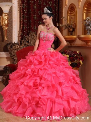 Hot Pink Ball Organza Sweet 15 Dresses with Beading and Appliques