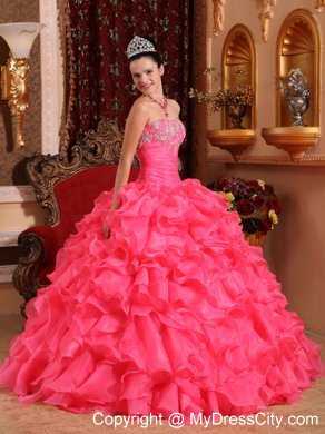 Hot Pink Ball Organza Sweet 15 Dresses with Beading and Appliques