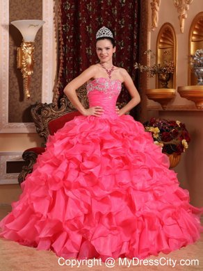 Hot Pink Ball Organza Sweet 15 Dresses with Beading and Appliques