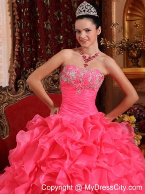 Hot Pink Ball Organza Sweet 15 Dresses with Beading and Appliques