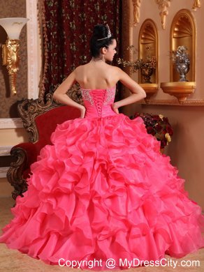 Hot Pink Ball Organza Sweet 15 Dresses with Beading and Appliques