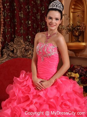 Hot Pink Ball Organza Sweet 15 Dresses with Beading and Appliques