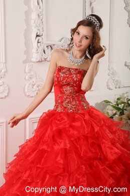 Red Organza Ruffles And Embroidery Brush Train Quinceanera Dress