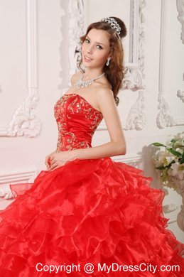 Red Organza Ruffles And Embroidery Brush Train Quinceanera Dress