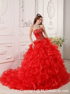 Red Organza Ruffles And Embroidery Brush Train Quinceanera Dress