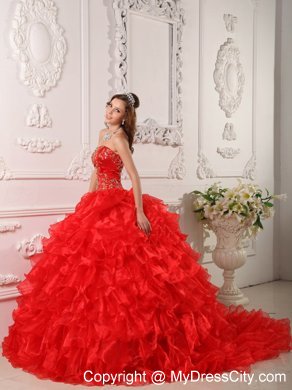 Red Organza Ruffles And Embroidery Brush Train Quinceanera Dress