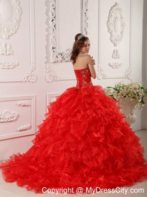 Red Organza Ruffles And Embroidery Brush Train Quinceanera Dress