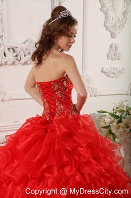 Red Organza Ruffles And Embroidery Brush Train Quinceanera Dress