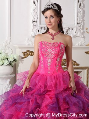 Hot Pink and Purple Sweetheart Embroidery Quinceanera Dress