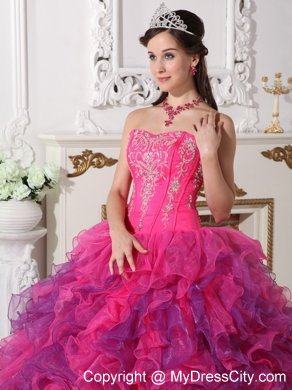 Hot Pink and Purple Sweetheart Embroidery Quinceanera Dress