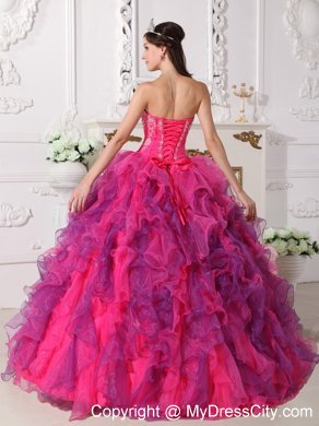 Hot Pink and Purple Sweetheart Embroidery Quinceanera Dress