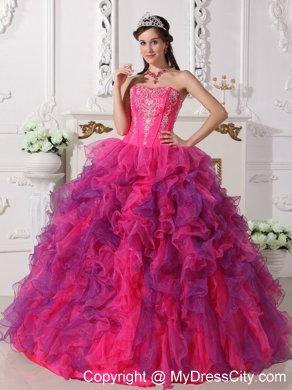 Hot Pink and Purple Sweetheart Embroidery Quinceanera Dress