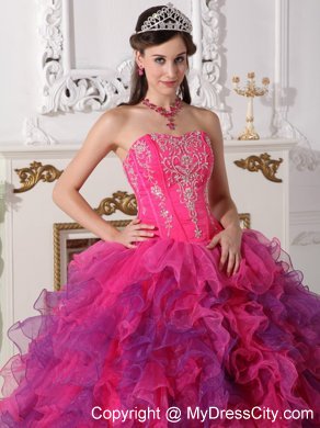 Hot Pink and Purple Sweetheart Embroidery Quinceanera Dress