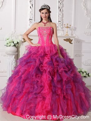 Hot Pink and Purple Sweetheart Embroidery Quinceanera Dress