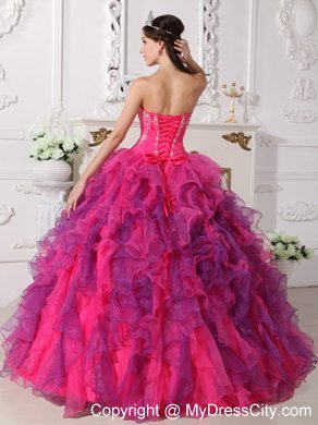 Hot Pink and Purple Sweetheart Embroidery Quinceanera Dress