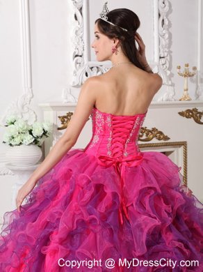 Hot Pink and Purple Sweetheart Embroidery Quinceanera Dress