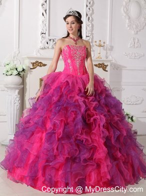 Hot Pink and Purple Sweetheart Embroidery Quinceanera Dress