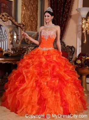 Fabulous Orange Sweetheart Organza Beading Dress for Quince