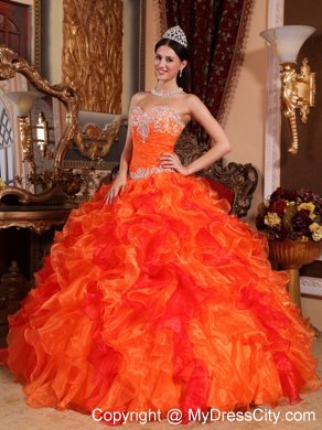 Fabulous Orange Sweetheart Organza Beading Dress for Quince