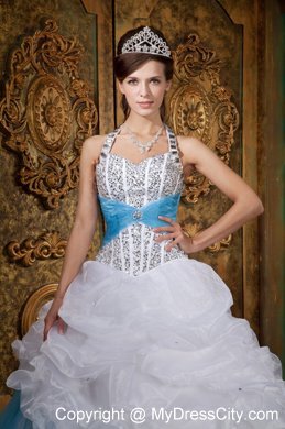 White and Blue Princess Halter Beading Quinceanera Dress