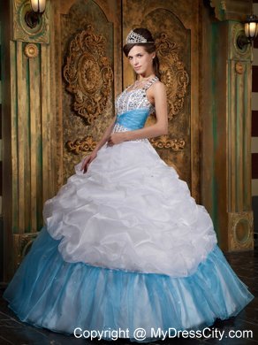 White and Blue Princess Halter Beading Quinceanera Dress