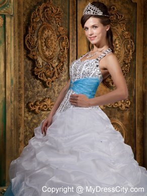 White and Blue Princess Halter Beading Quinceanera Dress