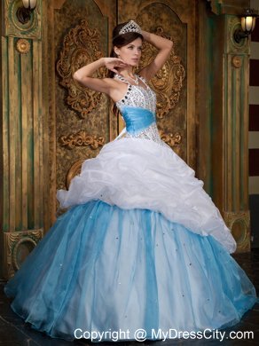 White and Blue Princess Halter Beading Quinceanera Dress