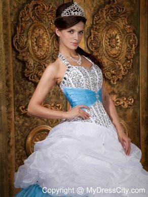 White and Blue Princess Halter Beading Quinceanera Dress