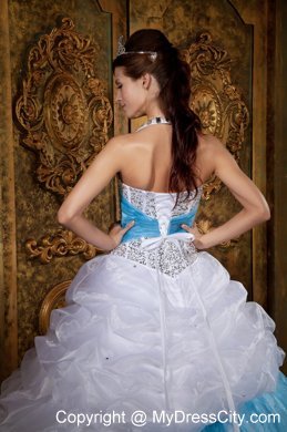 White and Blue Princess Halter Beading Quinceanera Dress