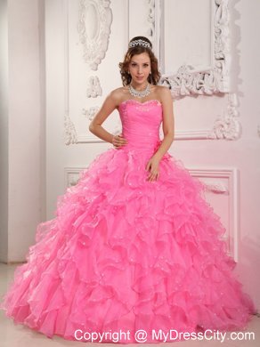 Sweetheart Organza Beading Rose Pink Quinceanera Dress