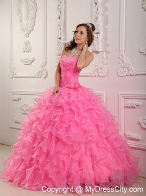 Sweetheart Organza Beading Rose Pink Quinceanera Dress