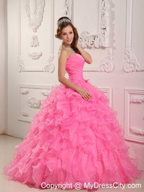 Sweetheart Organza Beading Rose Pink Quinceanera Dress