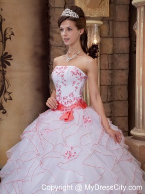 White Strapless Full-length Organza Embroidery Dress for Quince