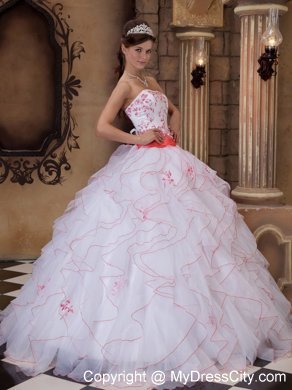 White Strapless Full-length Organza Embroidery Dress for Quince